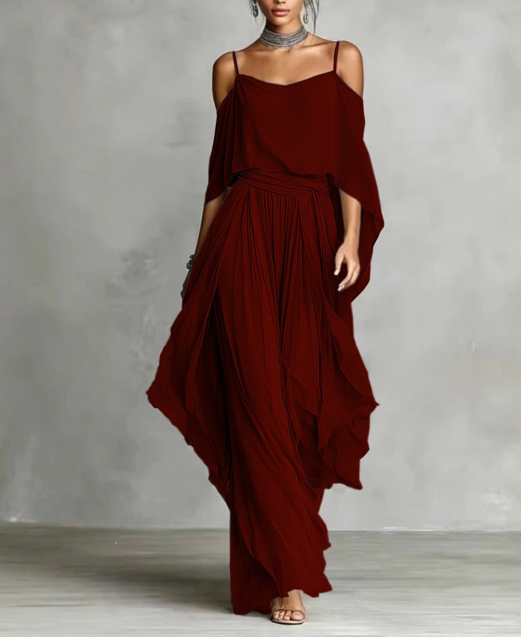 Completo elegante a due pezzi con top in chiffon a spalle scoperte e pantaloni a gamba larga