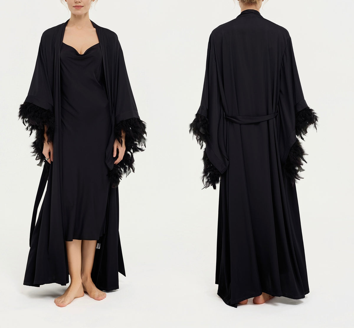 Luxuoso conjunto de camisa de dormir comprida em cetim com mangas de penas e saia-camisa