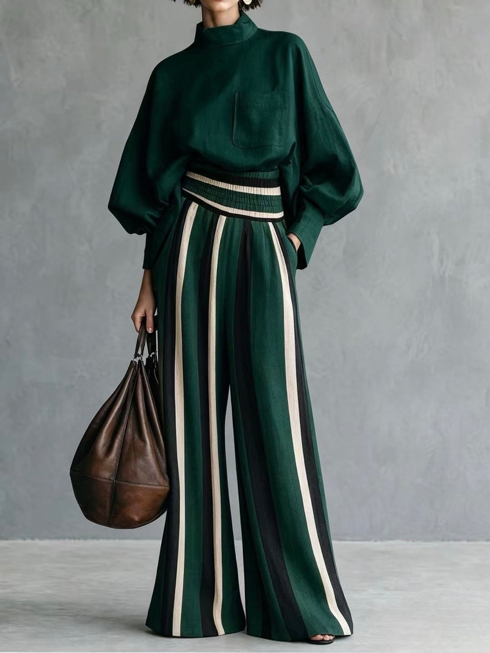 Completo vintage a due pezzi con pantaloni a righe, vita alta e gamba larga