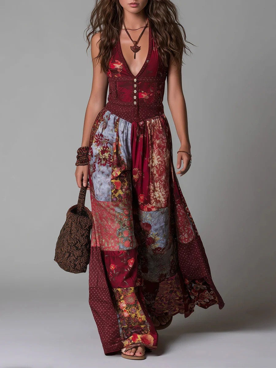 Maxikleid im Boho-Stil mit V-Ausschnitt und floralem Patchwork-Print – kunstvolles Sommerkleid für Damen