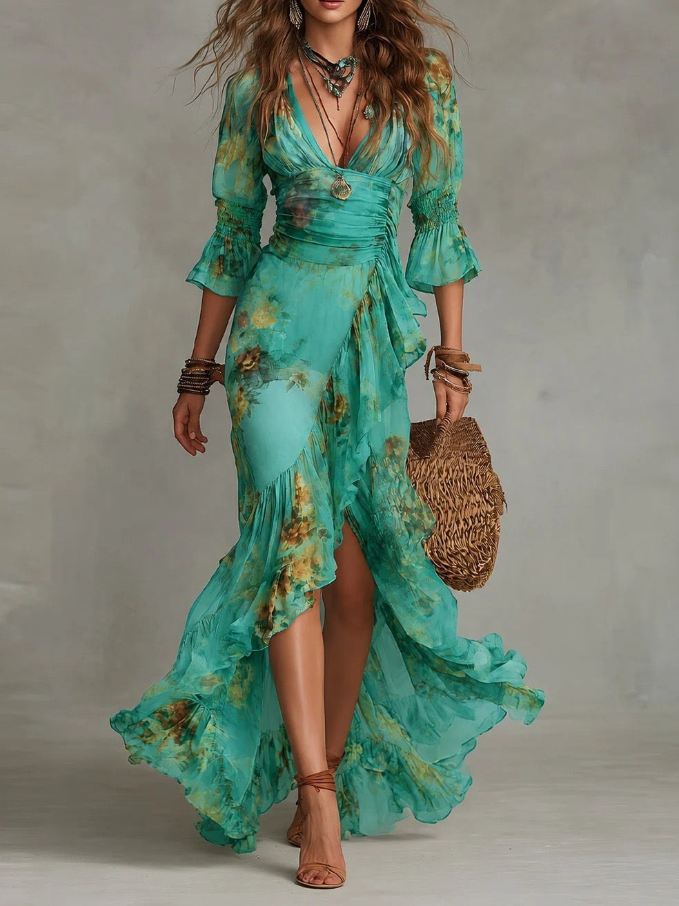 Maxiabito boho a fiori con scollo a V, vita arricciata e orlo asimmetrico
