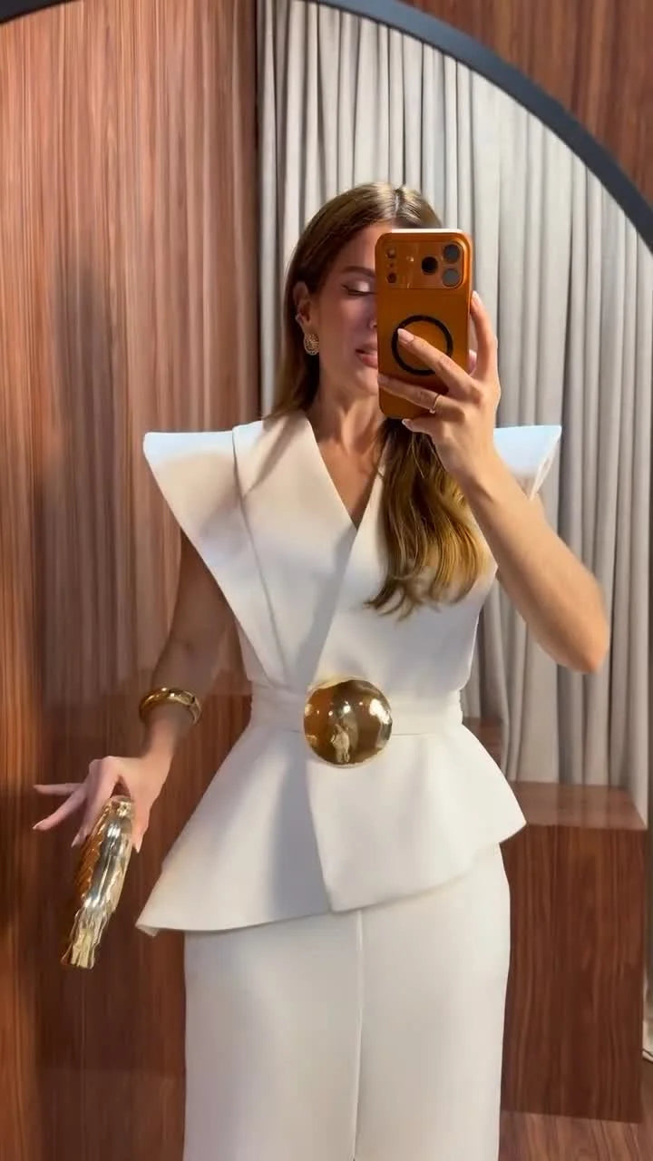 V-Neck Sculptural Shoulder Peplum Maxi Dress with Slit and Statement Belt