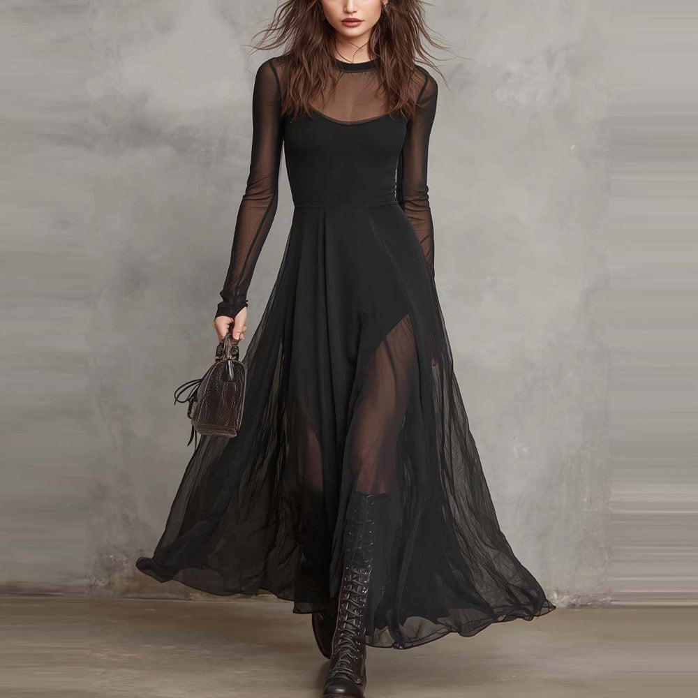 Schwarzes, transparentes Maxikleid in A-Linie mit langen Ärmeln, Netzüberzug und hoher Taille