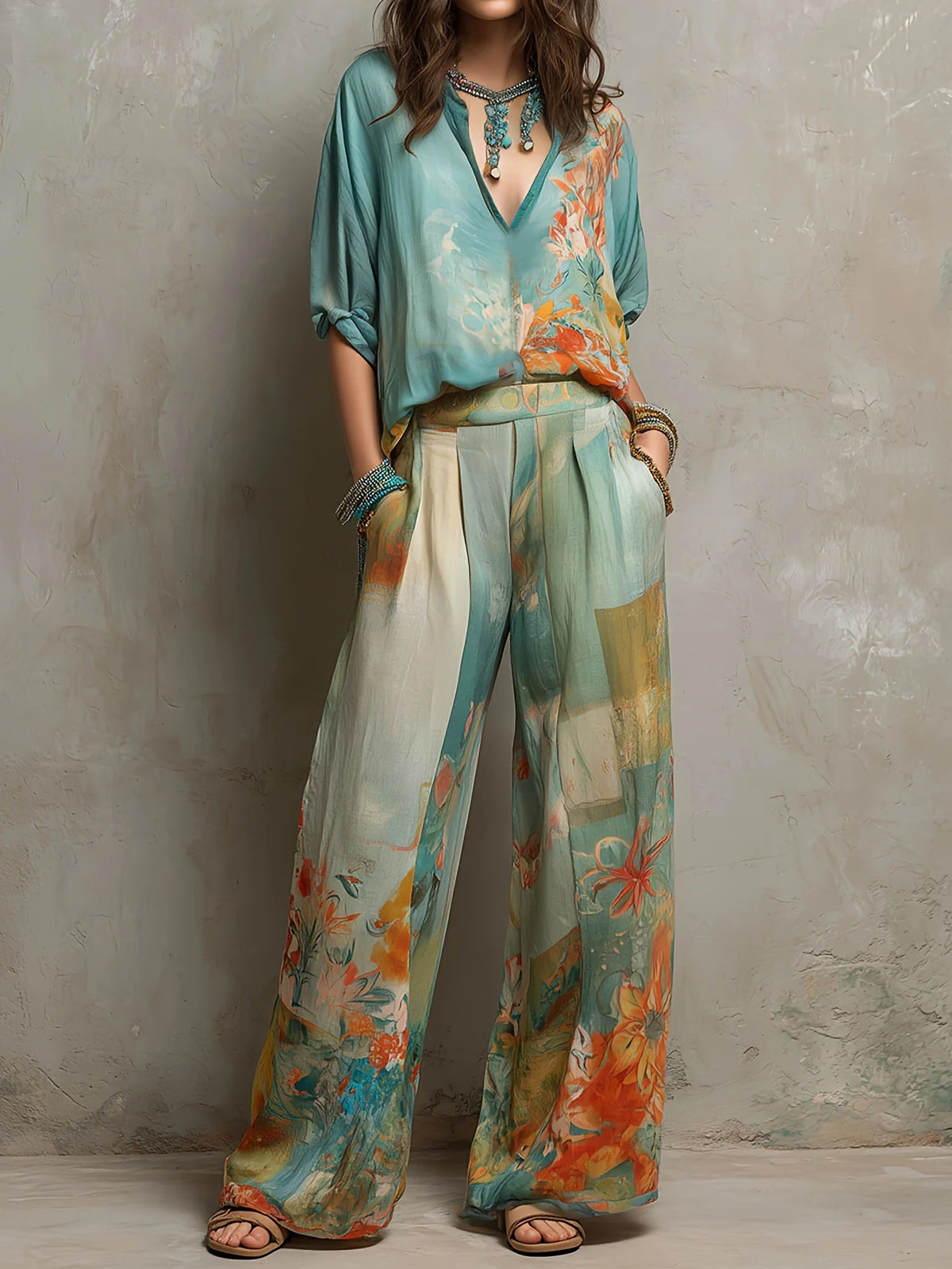 Set aus Bluse mit Aquarell-Blumenprint und V-Ausschnitt sowie hoch taillierter Hose mit weitem Bein