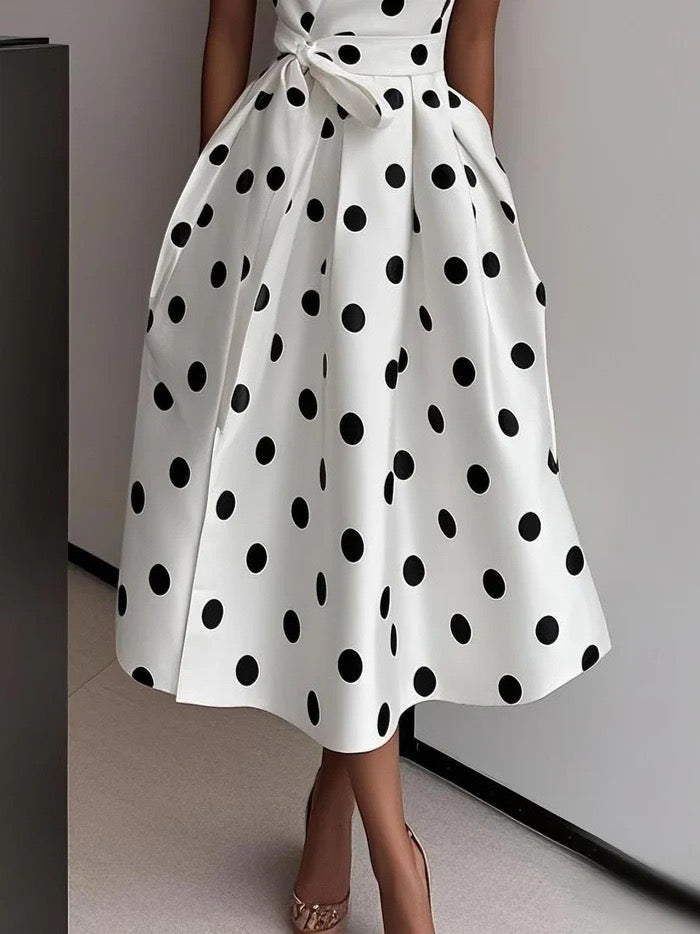 Robe trapèze vintage à pois, sans manches, col V et taille nouée