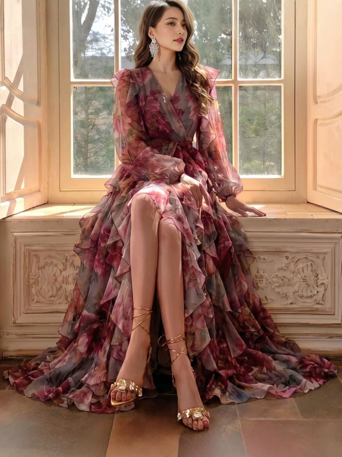 V‑Neck Ruffled Tiered Floral Maxi Dress, Long Sleeve Belted Chiffon Evening Gown