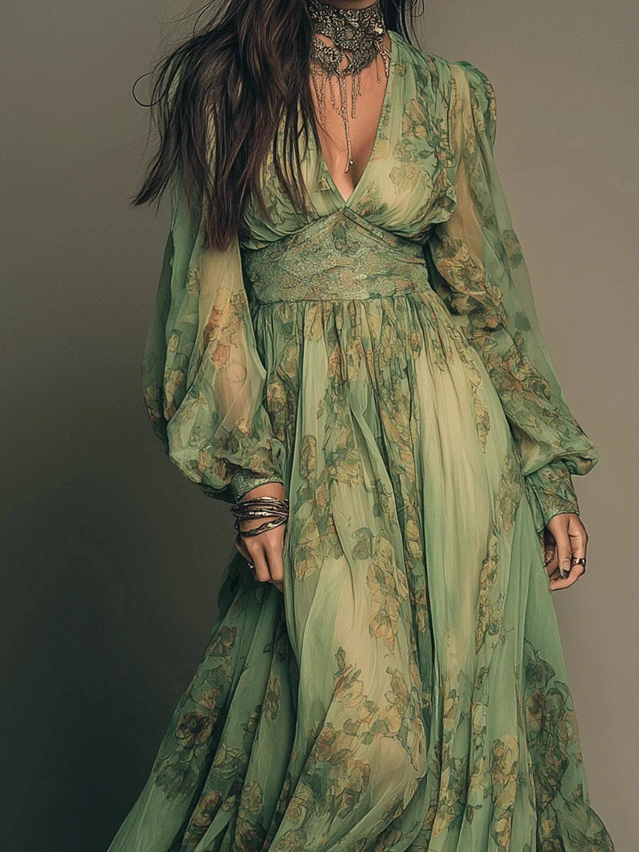 Grünes Chiffon-Maxikleid mit Blumenprint, tiefem V-Ausschnitt und Puffärmeln