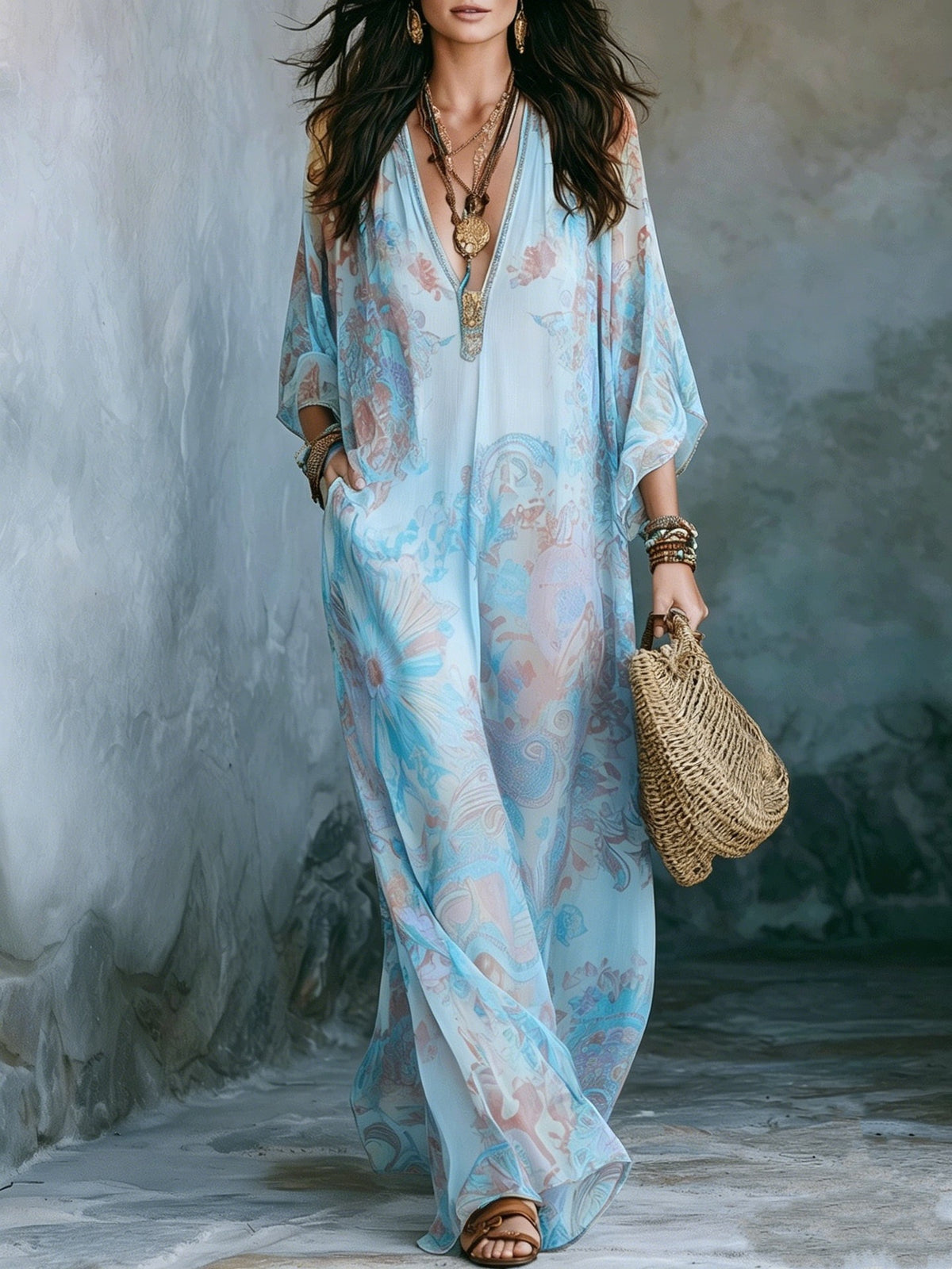Abito lungo boho in chiffon con stampa floreale e maniche a pipistrello