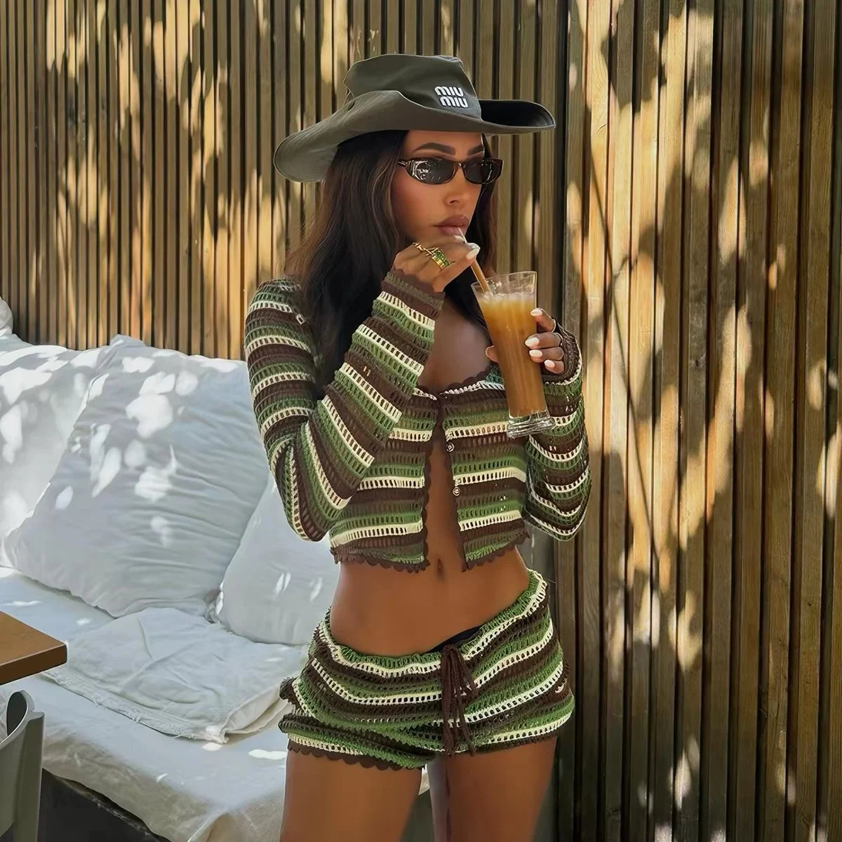Striped Crochet Knit Long Sleeve Crop Cardigan and Shorts Two Piece Set