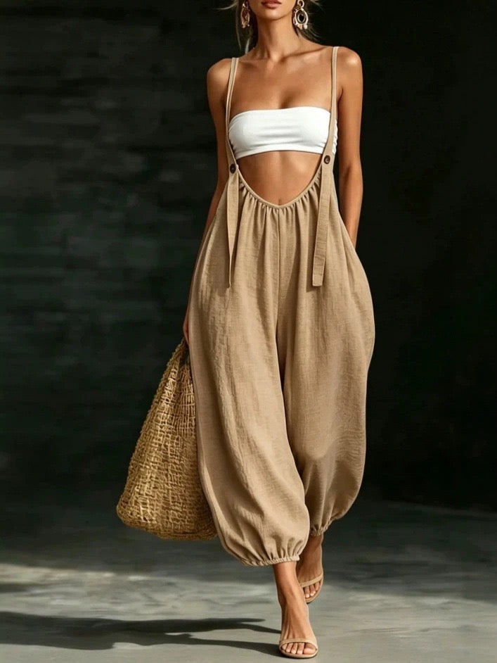 Linen Blend Cutout Bloomers Jumpsuit-Adjustable Shoulder Balloon Pants