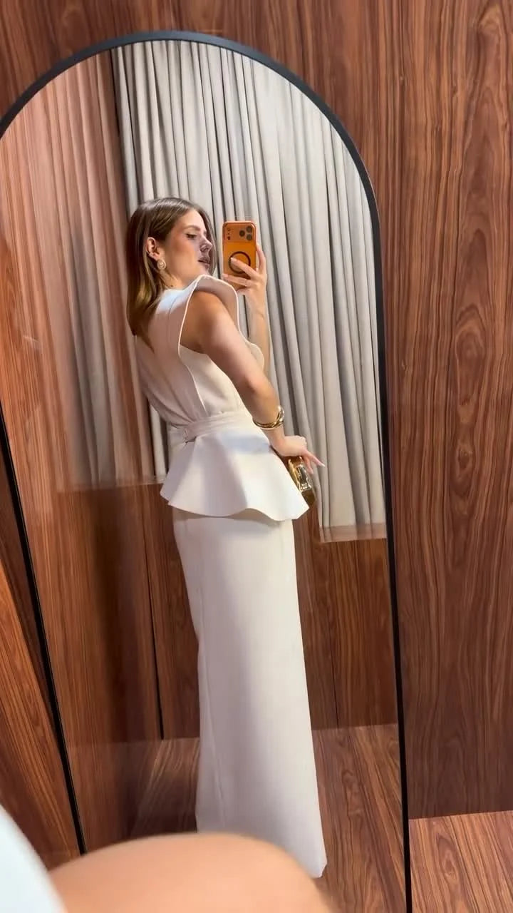 V-Neck Sculptural Shoulder Peplum Maxi Dress with Slit and Statement Belt
