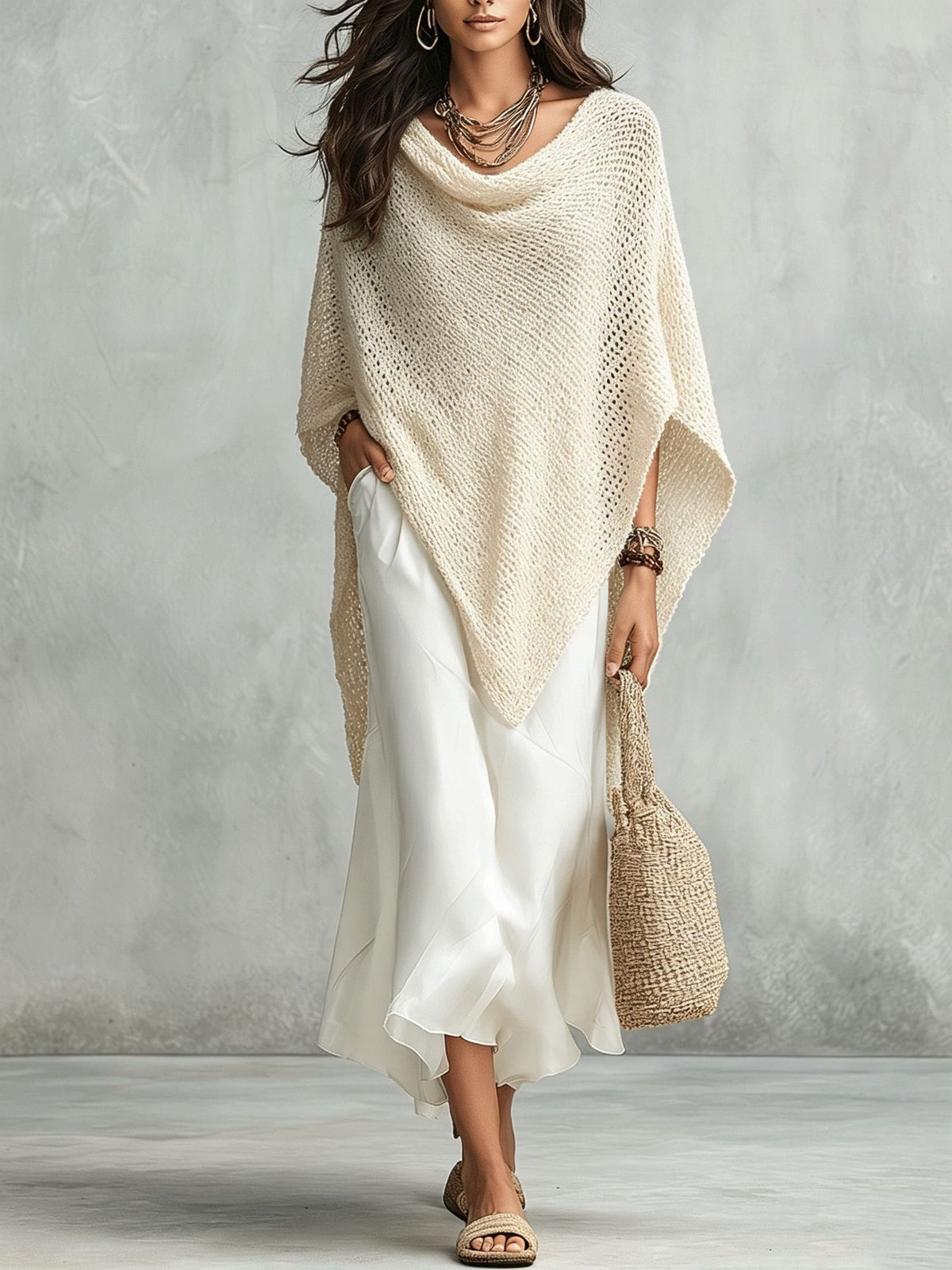 Ensemble avec blouse ample en maille à col châle et manches chauve-souris, pour femme, coloris uni, pour l’automne et les vacances, et robe blanche
