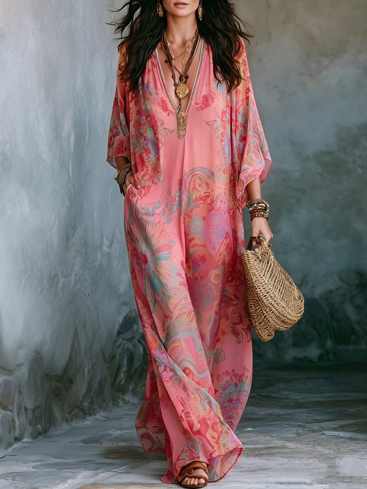 Abito lungo boho in chiffon con stampa floreale e maniche a pipistrello