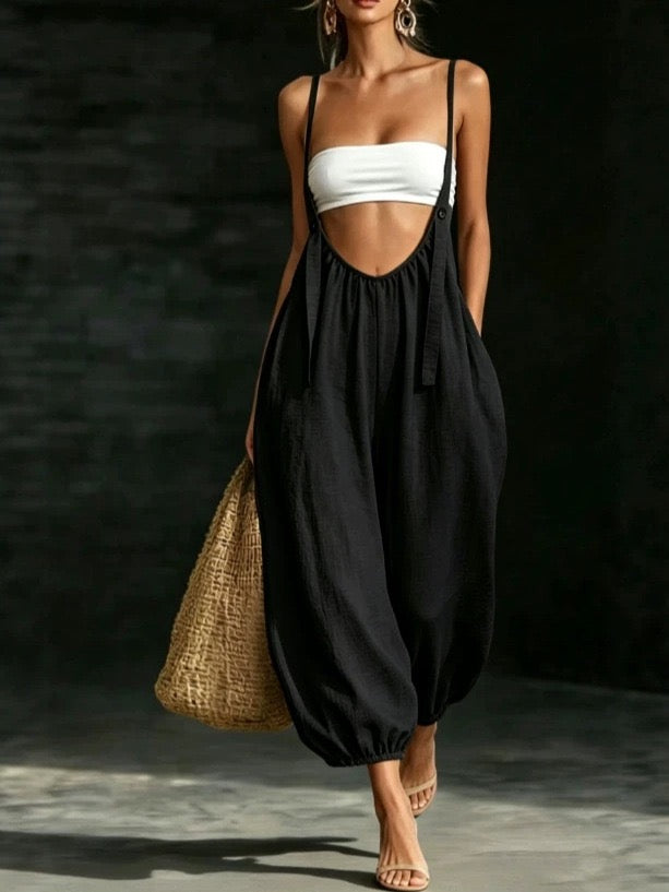 Linen Blend Cutout Bloomers Jumpsuit-Adjustable Shoulder Balloon Pants