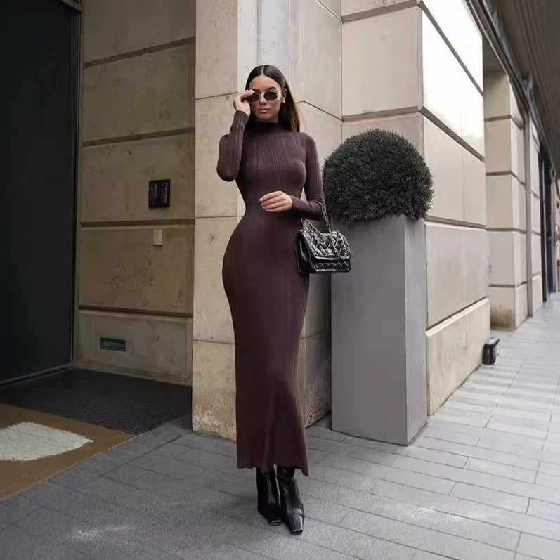 High Neck Ribbed Knit Midi Dress, Long Sleeve Bodycon Slim Fit Maxi Dress For Women Fall Winter