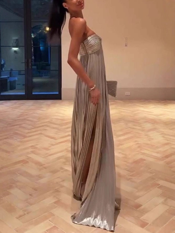 Champagne Gold Metallic Pleated Maxi Dress – Strapless Twist-Front Empire Gown