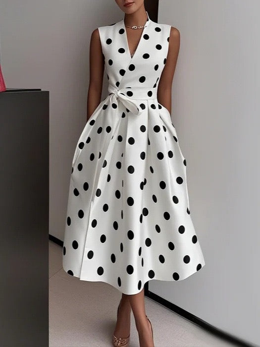Vintagekleid mit Polka-Dots, V-Ausschnitt, ärmellos, ausgestelltem Rock und Bindegürtel