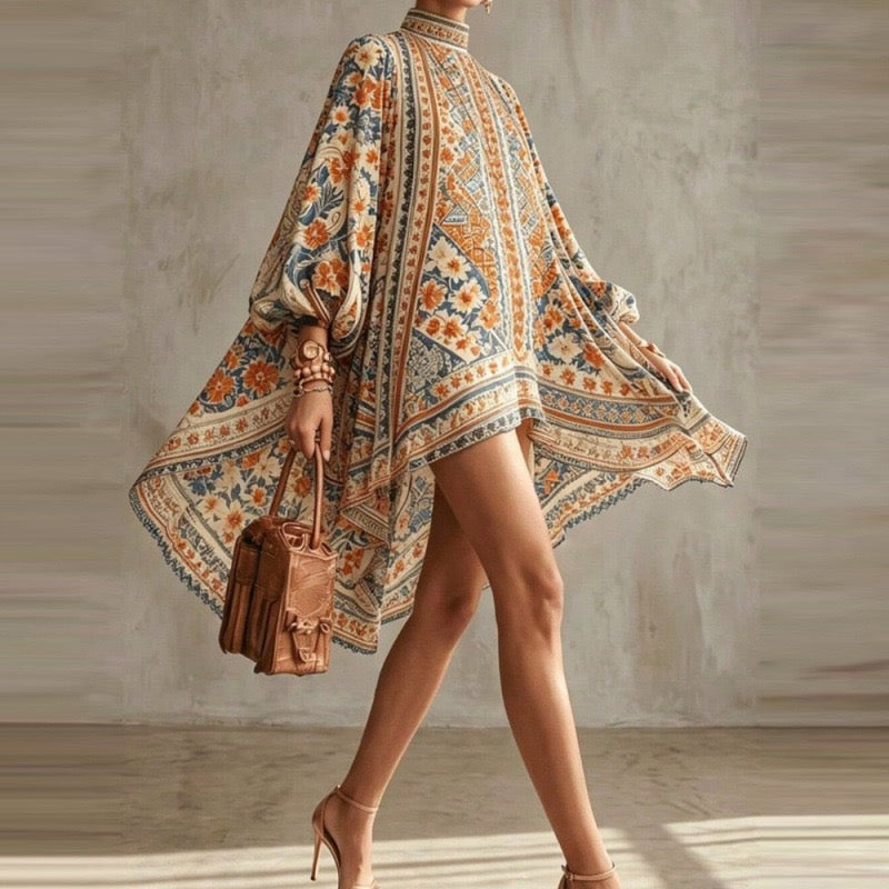 Robe poncho bohème à imprimé rétro, col montant, manches évasées et ourlet asymétrique