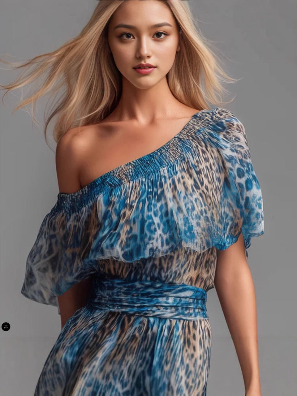 Abito lungo in chiffon blu con stampa leopardata, monospalla, sovrapposizione arricciata e cintura in vita – Abito boho chic estivo da resort