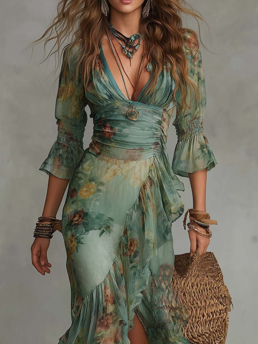 Maxikleid im Boho-Stil mit floralem Print, V-Ausschnitt, geraffter Taille und asymmetrischem Schnitt