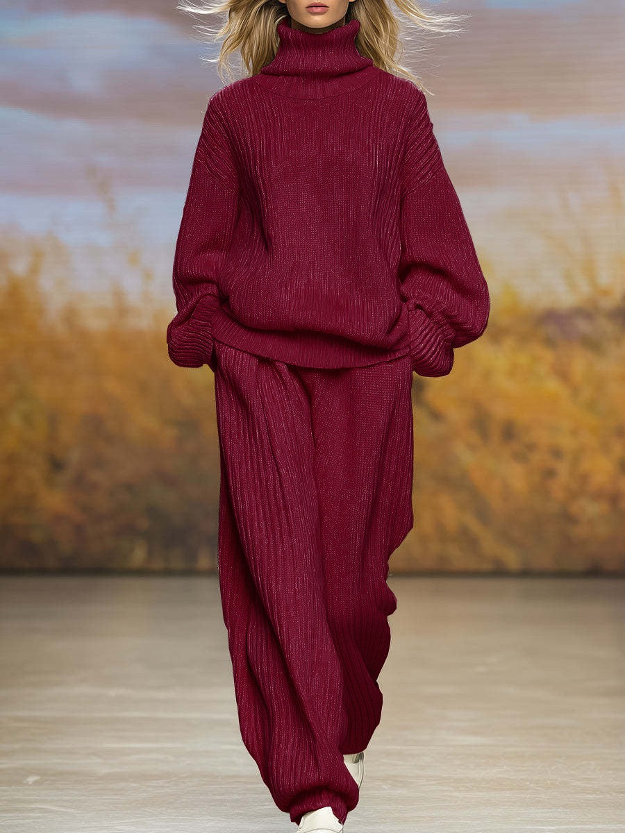 Oversized Ribbed Knit Co-Ords Set – Turtleneck Sweater & Wide-Leg Jogger Pants