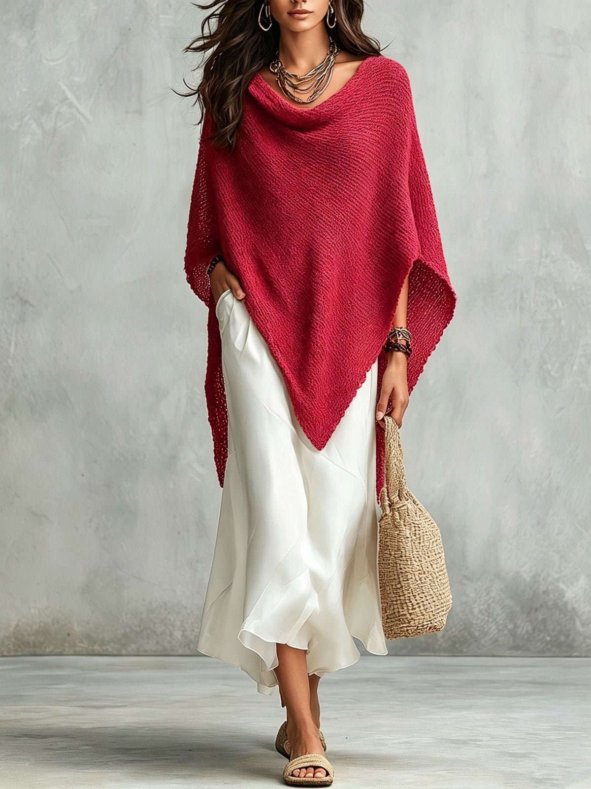 Ensemble avec blouse ample en maille à col châle et manches chauve-souris, pour femme, coloris uni, pour l’automne et les vacances, et robe blanche