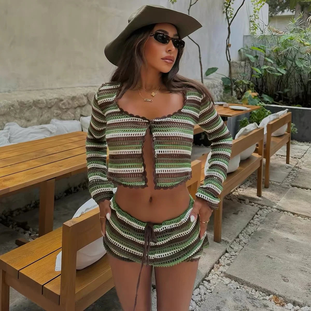 Striped Crochet Knit Long Sleeve Crop Cardigan and Shorts Two Piece Set