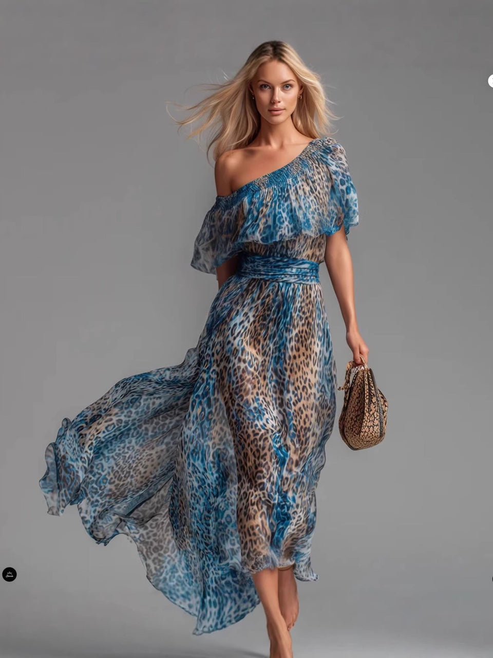 Abito lungo in chiffon blu con stampa leopardata, monospalla, sovrapposizione arricciata e cintura in vita – Abito boho chic estivo da resort
