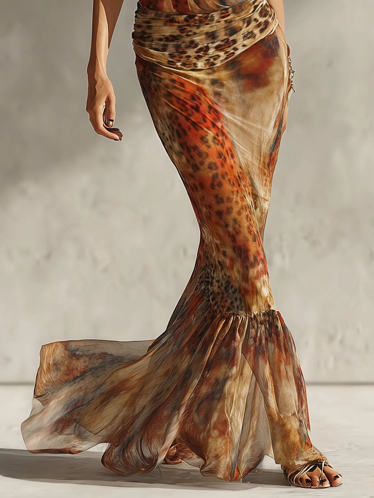 Vestido comprido vintage de corte sereia, com estampado de leopardo, decote halter e cintura franzida