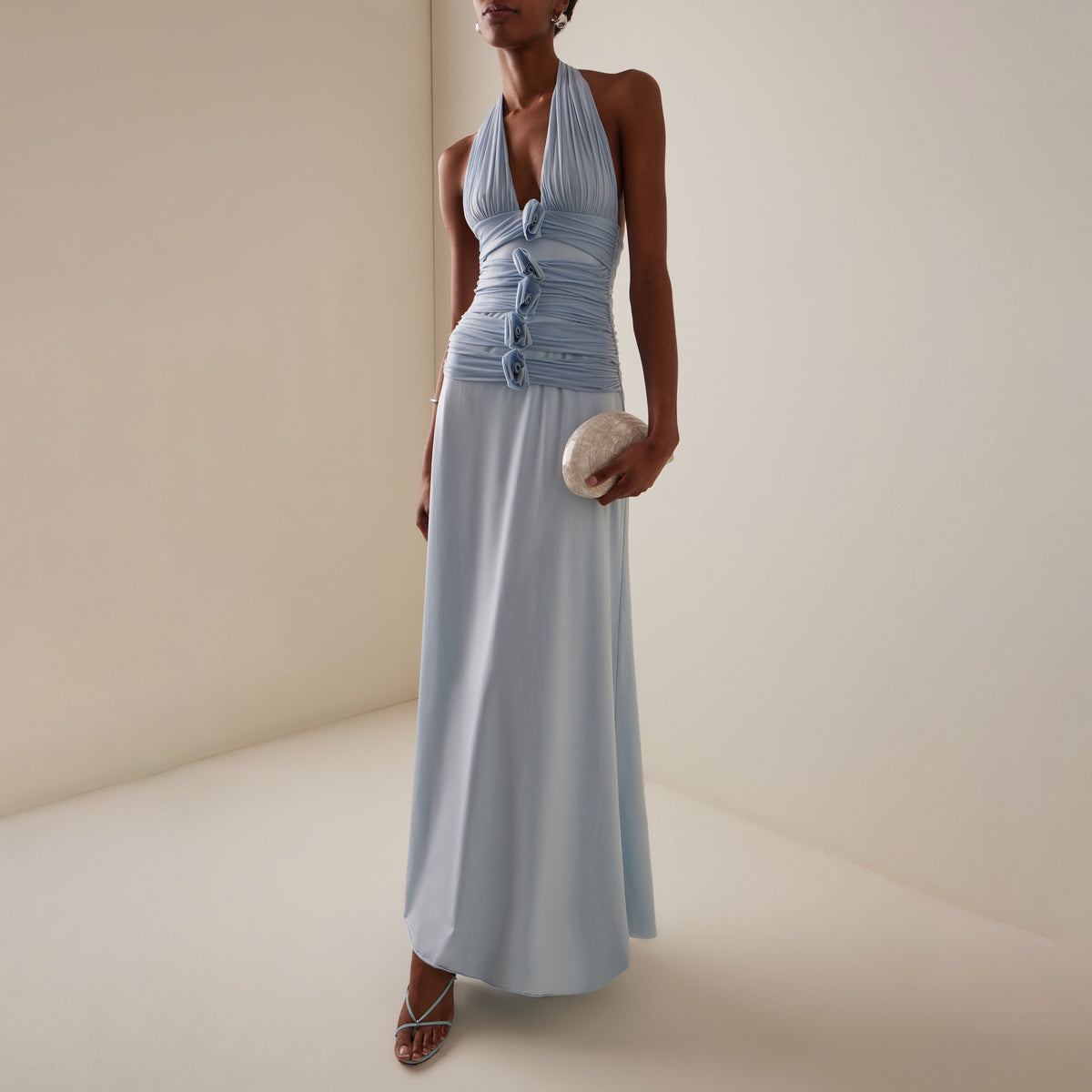Elegant Halter Neck Ruched Maxi Dress With 3D Floral Appliqués