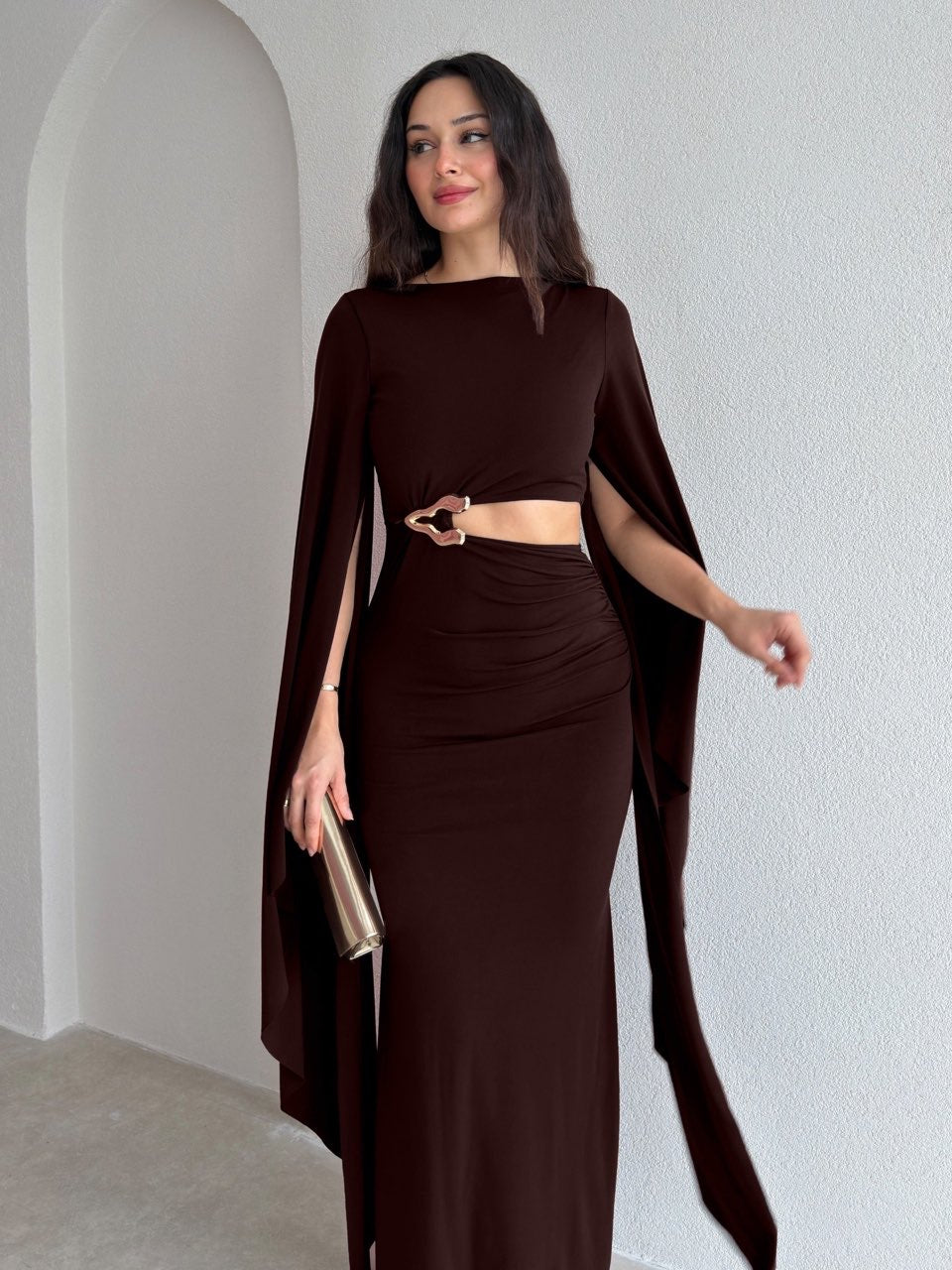 Chocolate Brown Cape-Sleeve Maxi Dress – Metal Ring Cutout Bodycon Gown