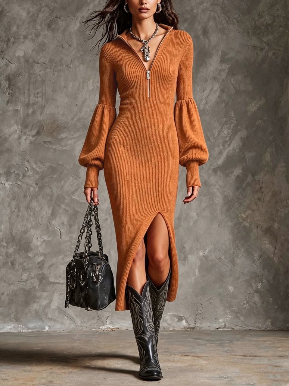 Rib Knit Half Zip Midi Dress-Lantern Sleeve Slim Dress