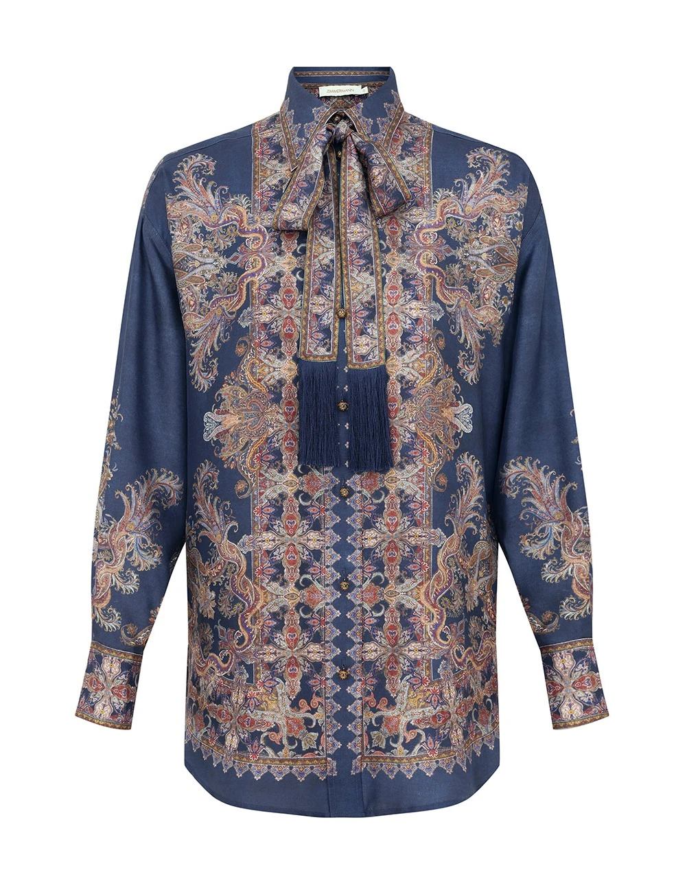 Dusty Blue Paisley Silk Two-Piece Set – Relaxed Button-Down Shirt & Drawstring Wide-Leg Pants Co-ord