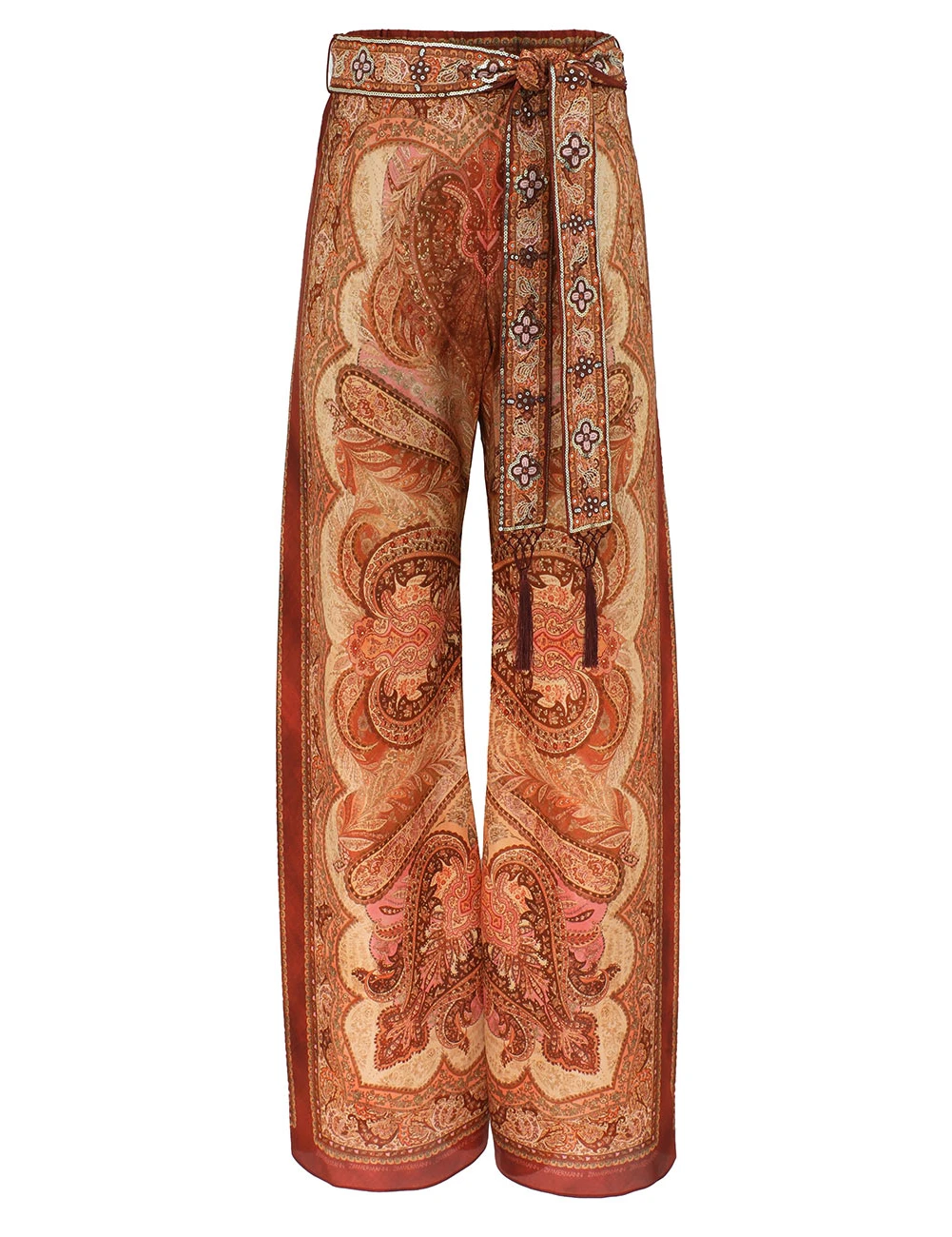 Completo boho color arancione ruggine con frange e mantella: top caftano con stampa cachemire e pantaloni a gamba larga