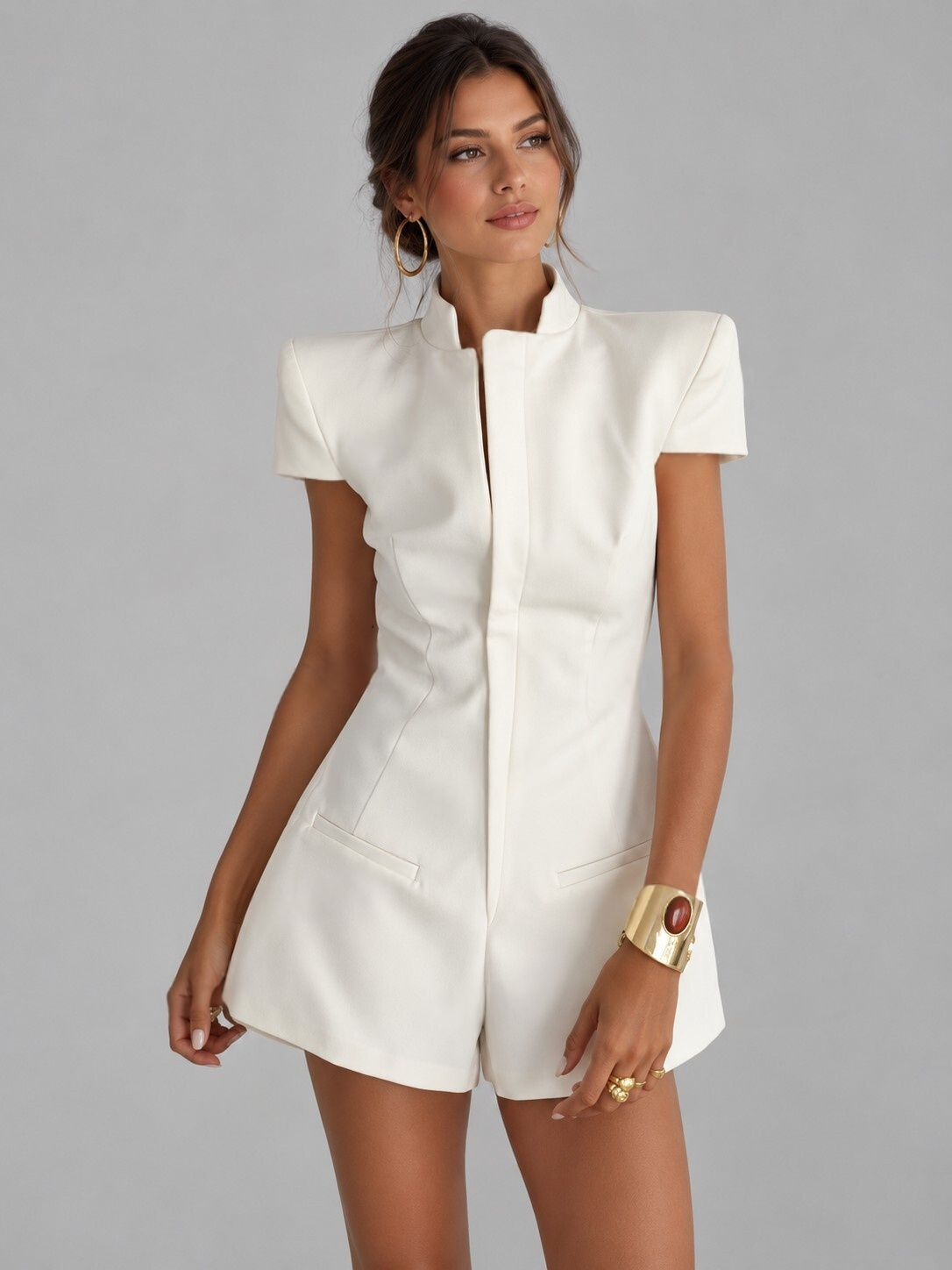 Elegant Stand Collar Cap Sleeve Tailored Romper, White Structured Short Jumpsuit For Party & Office