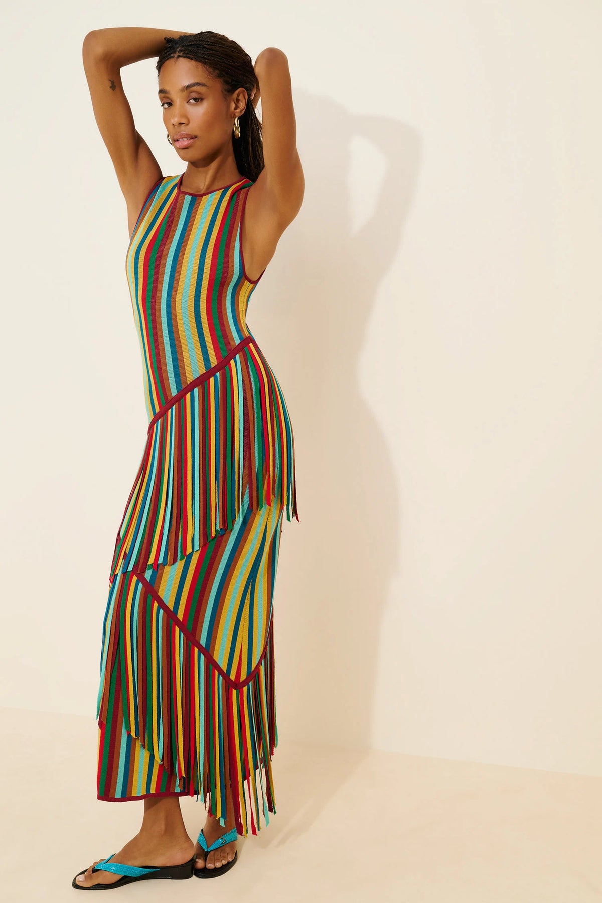 Striped Fringe Sleeveless Knit Maxi Dress with Tiered Tassels