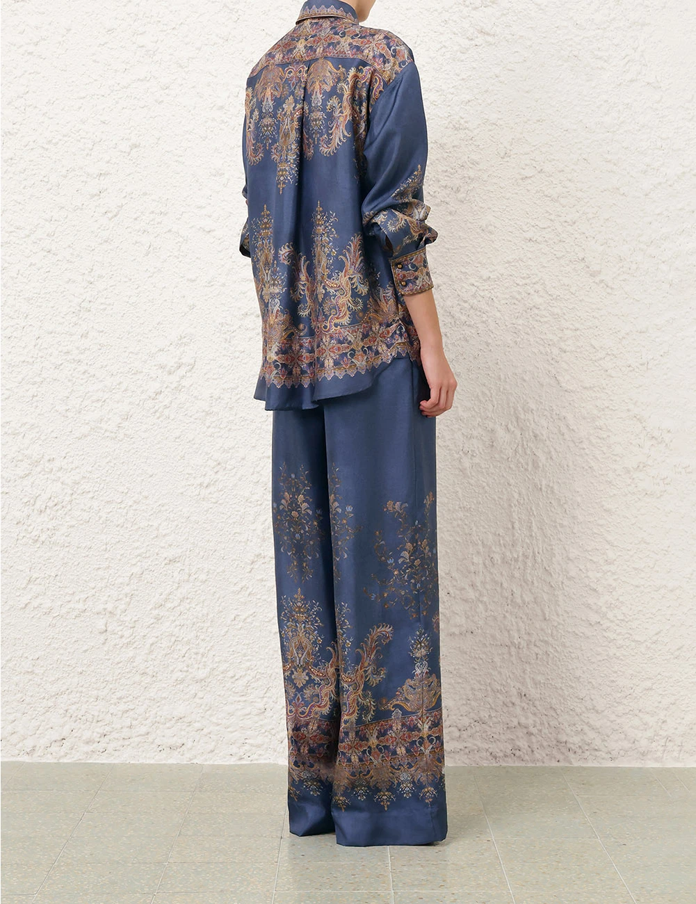 Dusty Blue Paisley Silk Two-Piece Set – Relaxed Button-Down Shirt & Drawstring Wide-Leg Pants Co-ord