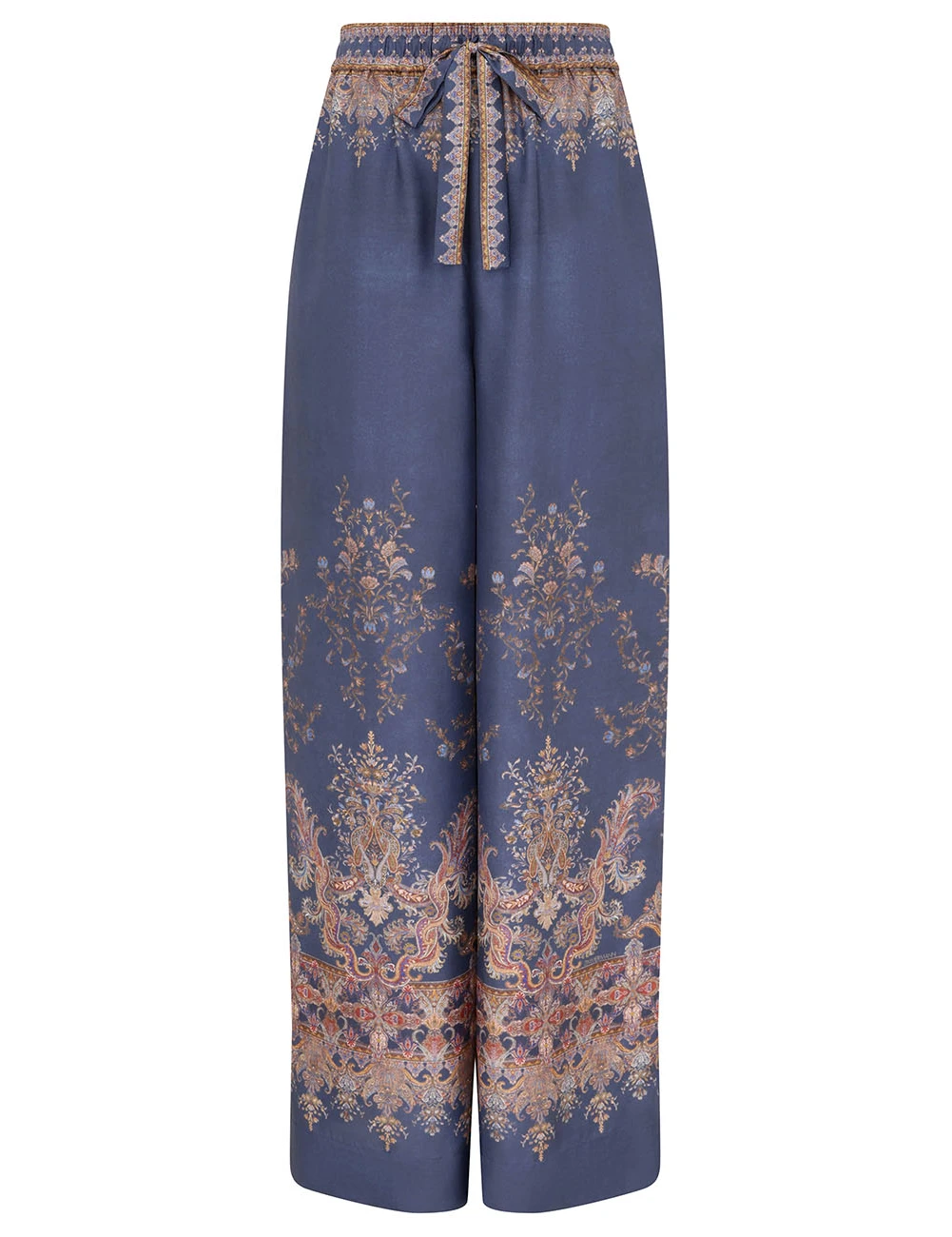 Dusty Blue Paisley Silk Two-Piece Set – Relaxed Button-Down Shirt & Drawstring Wide-Leg Pants Co-ord