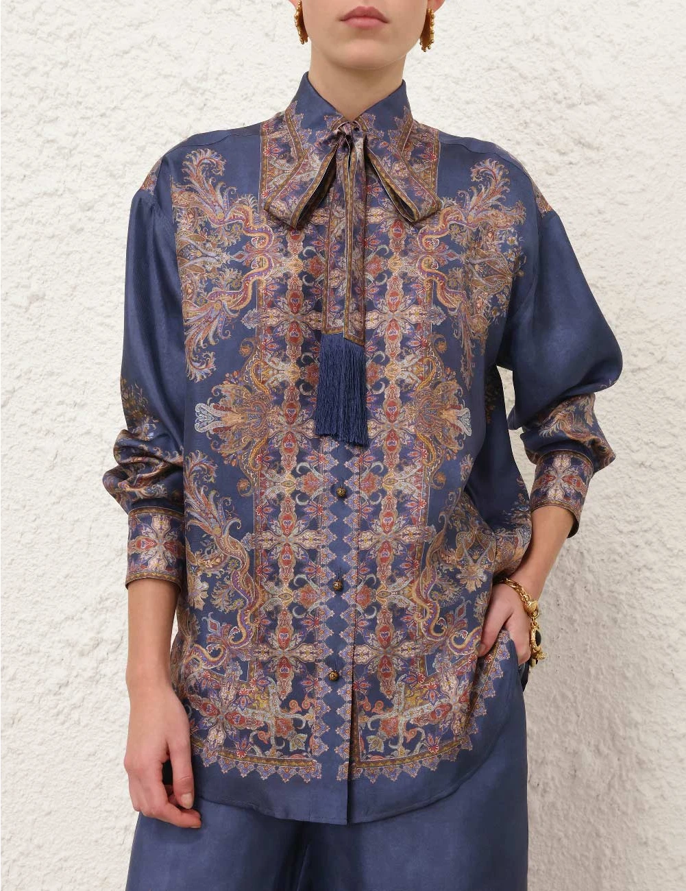 Dusty Blue Paisley Silk Two-Piece Set – Relaxed Button-Down Shirt & Drawstring Wide-Leg Pants Co-ord