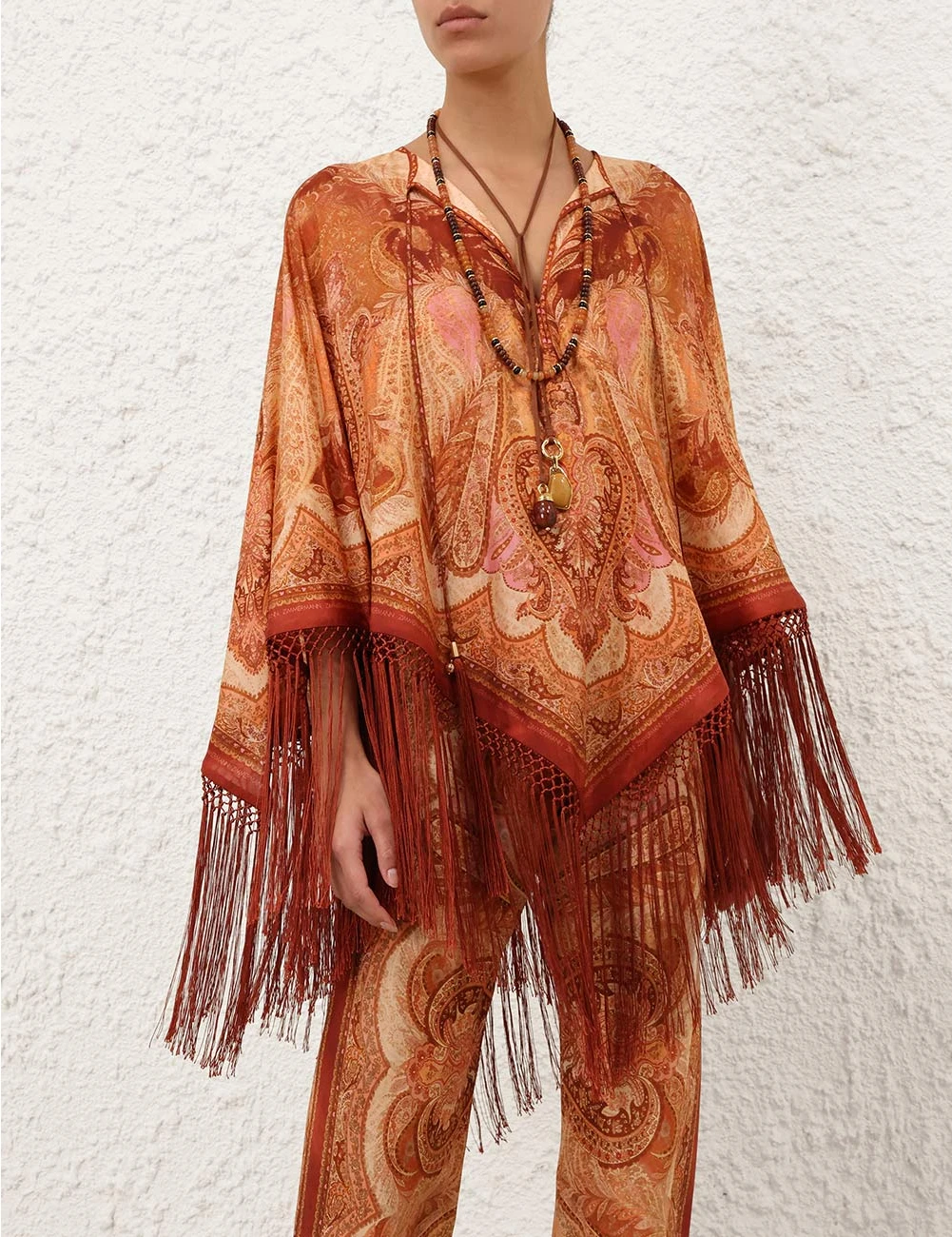 Rust Orange Boho Fringe Poncho Set – Paisley Print Kaftan Top & Wide-Leg Pants Co-ord