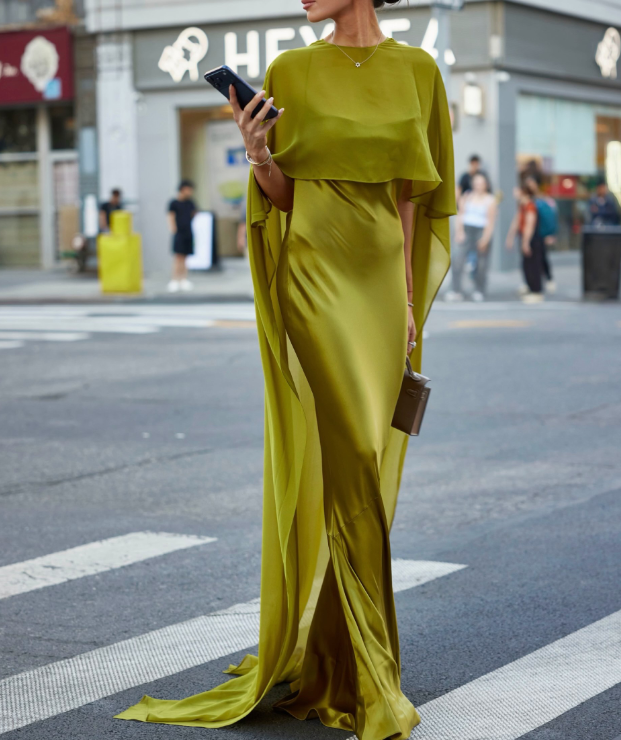 Olive Green Satin Poncho Long Dress