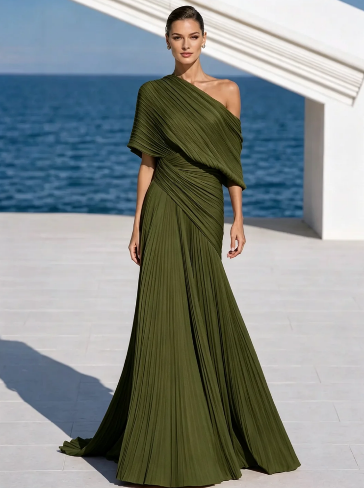 Vestido largo plisado naranja vibrante de un solo hombro – vestido de estilo griego