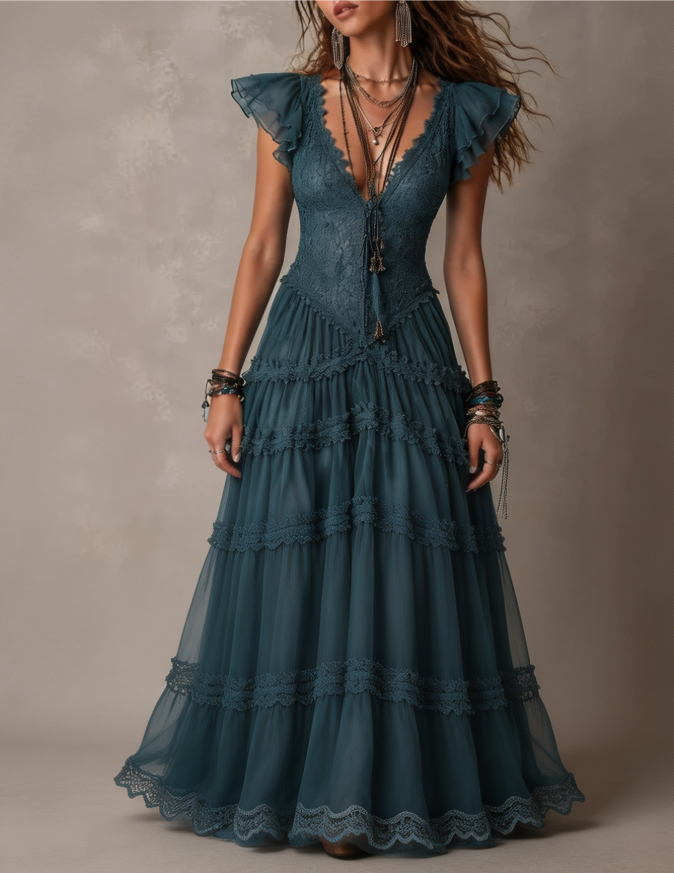 Teal Bohemian Lace Long Dress Deep V-Neck Laminated Tulle Gown