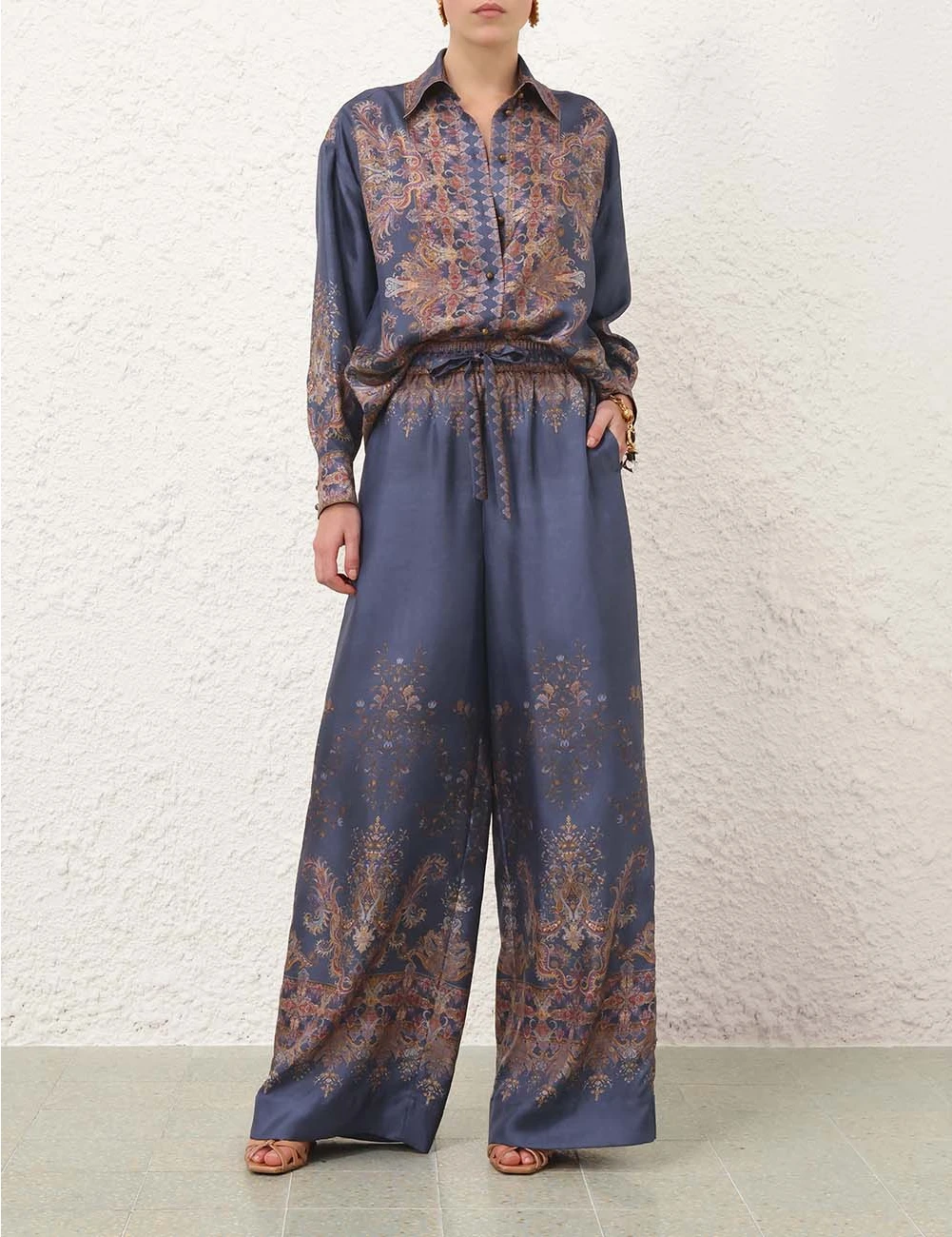 Dusty Blue Paisley Silk Two-Piece Set – Relaxed Button-Down Shirt & Drawstring Wide-Leg Pants Co-ord