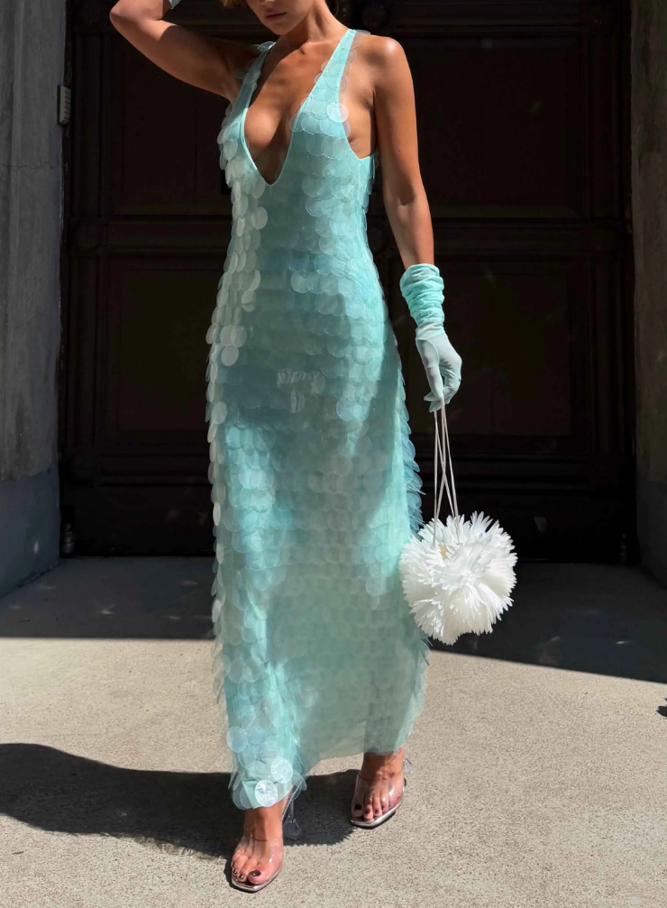 Mint Green Sequin Fishtail Spaghetti Strap Gown