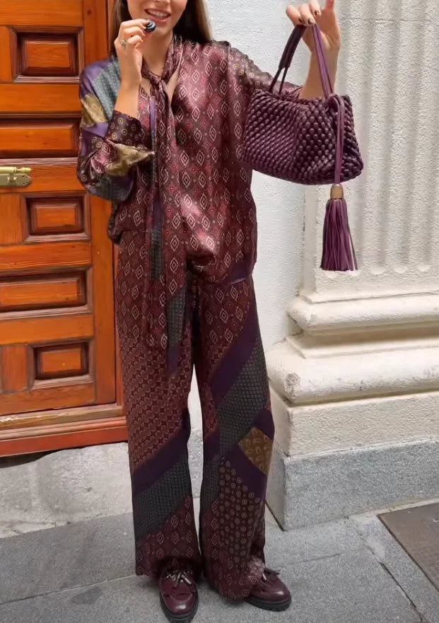 Vintage Geometric Print Satin Tie-Neck Blouse and Wide-Leg Pants Two-Piece Set