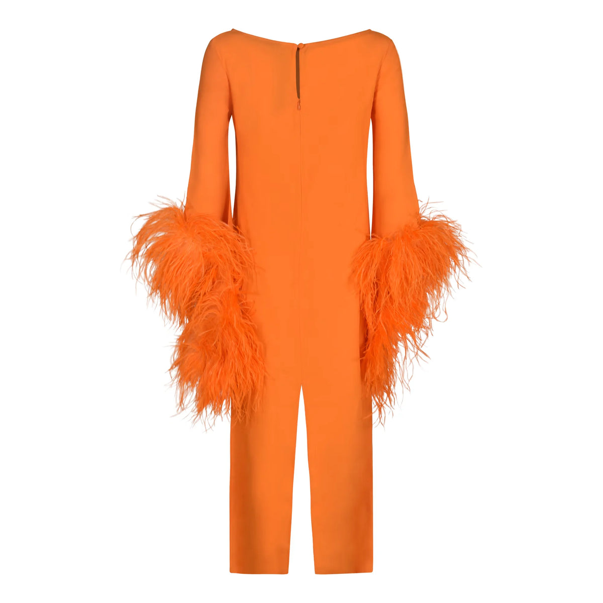 Oranges langärmliges Midikleid in Säulenform mit Bootsausschnitt und Federbesatz an den Manschetten