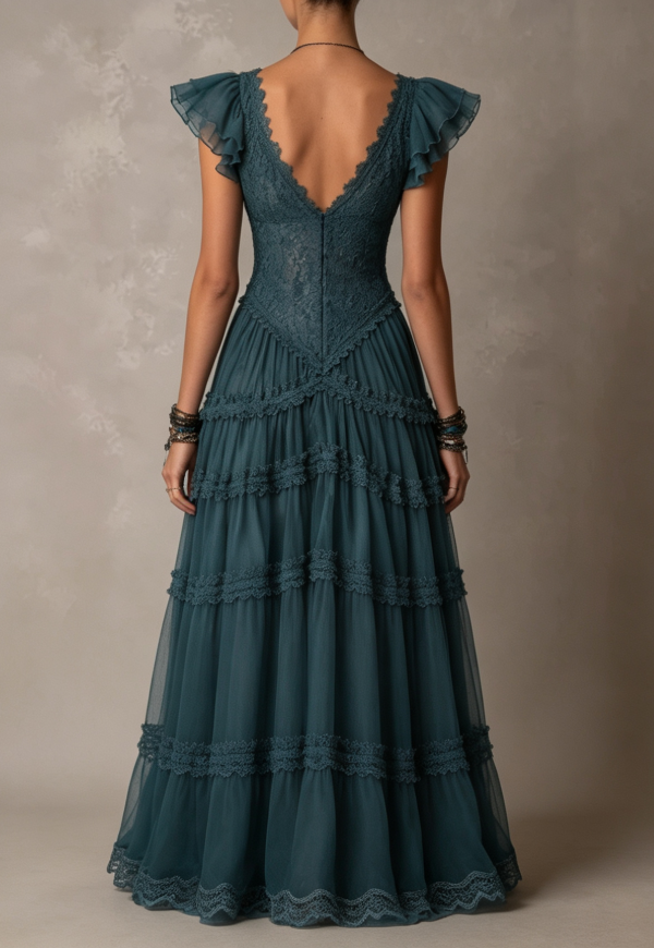 Teal Bohemian Lace Long Dress Deep V-Neck Laminated Tulle Gown