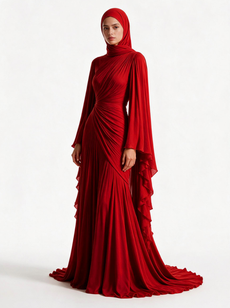 Élégante robe longue en mousseline plissée à col montant et manches cape
