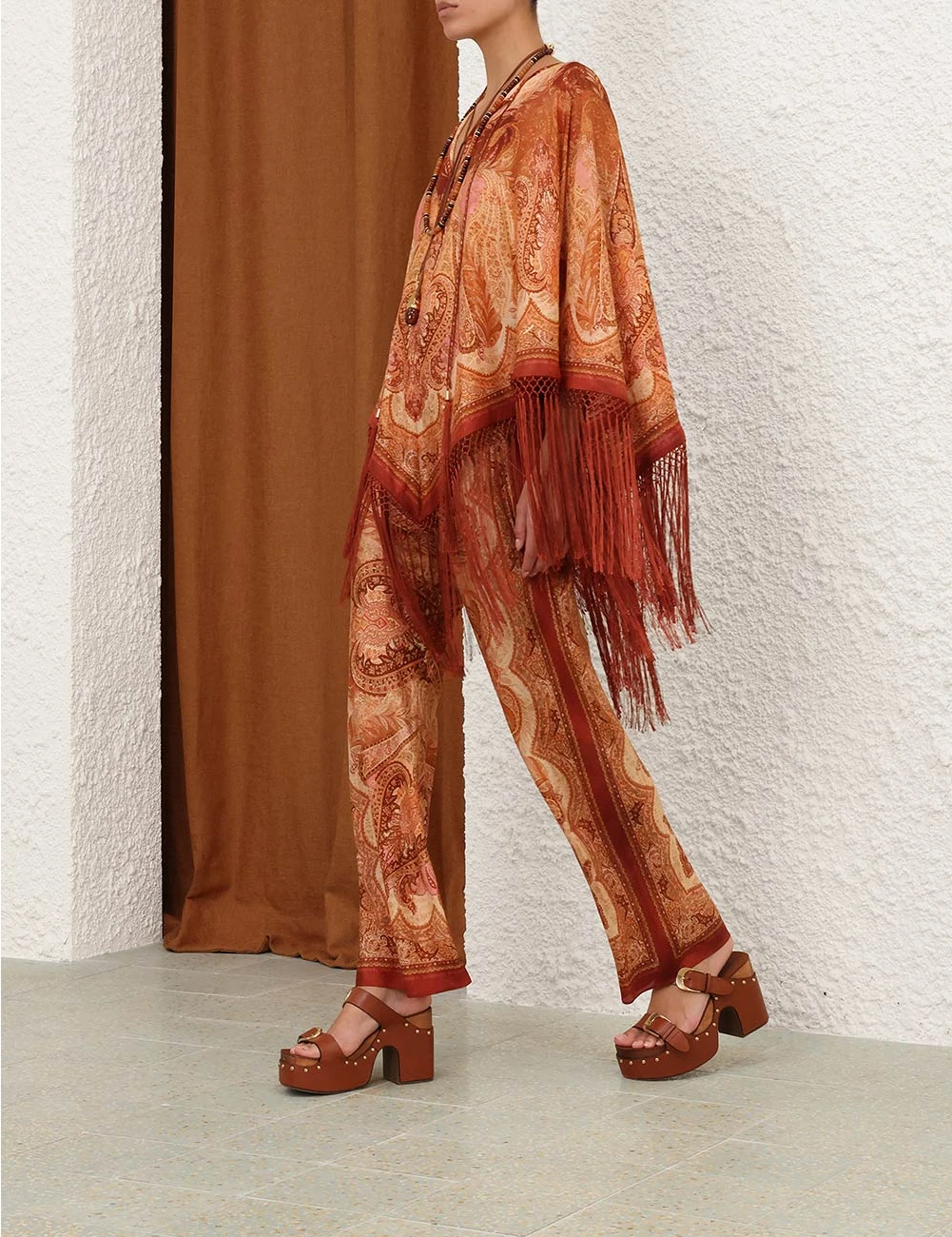Rust Orange Boho Fringe Poncho Set – Paisley Print Kaftan Top & Wide-Leg Pants Co-ord